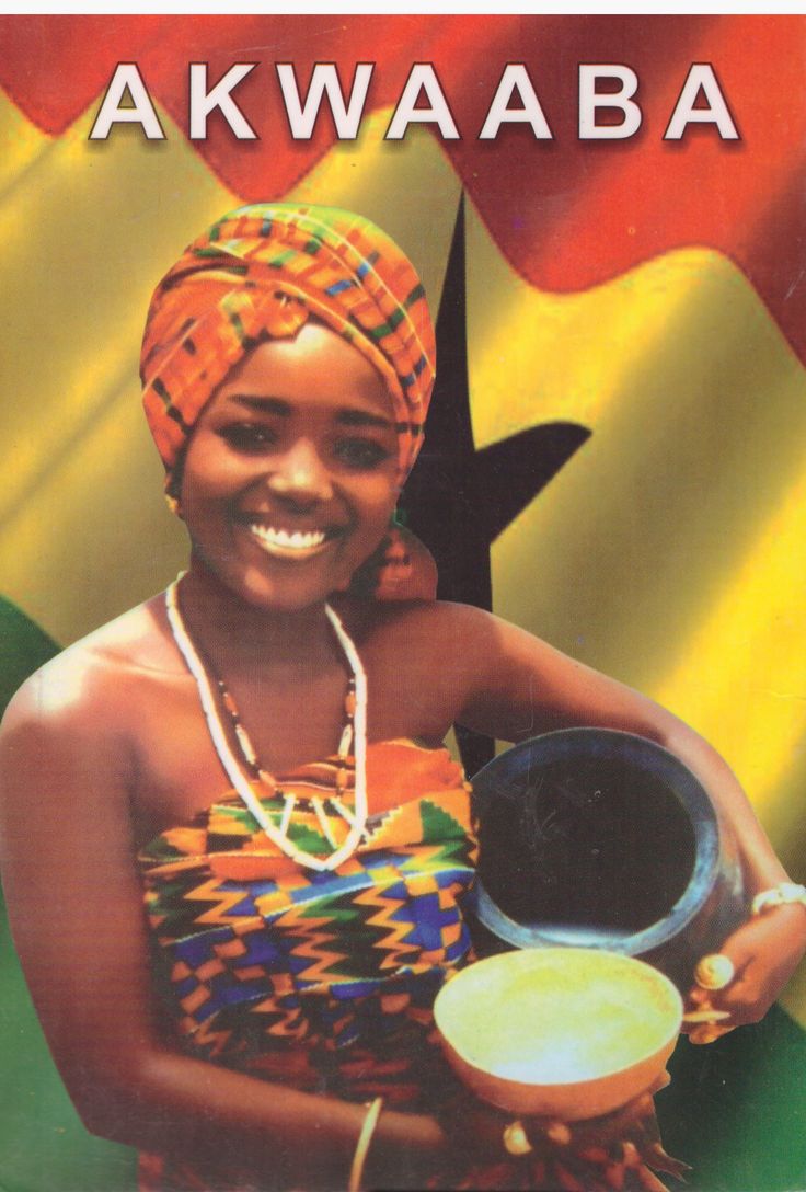 A postcard reading AKWAABA: a smiling woman in kente cloth holding a calabash, in front of the Ghanaian flag